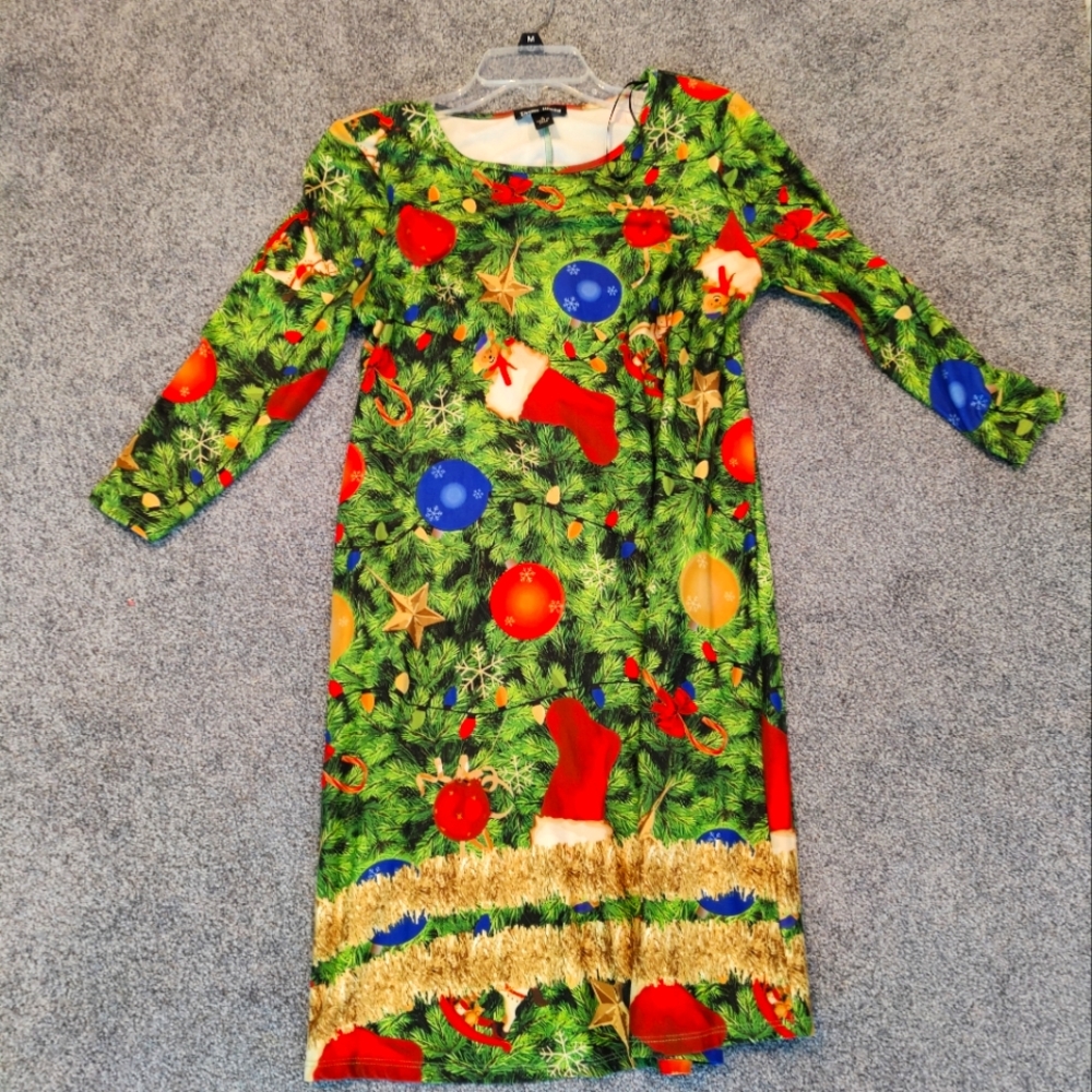 Festive Green Holiday Dress with Ornaments. Women's Size Small.
